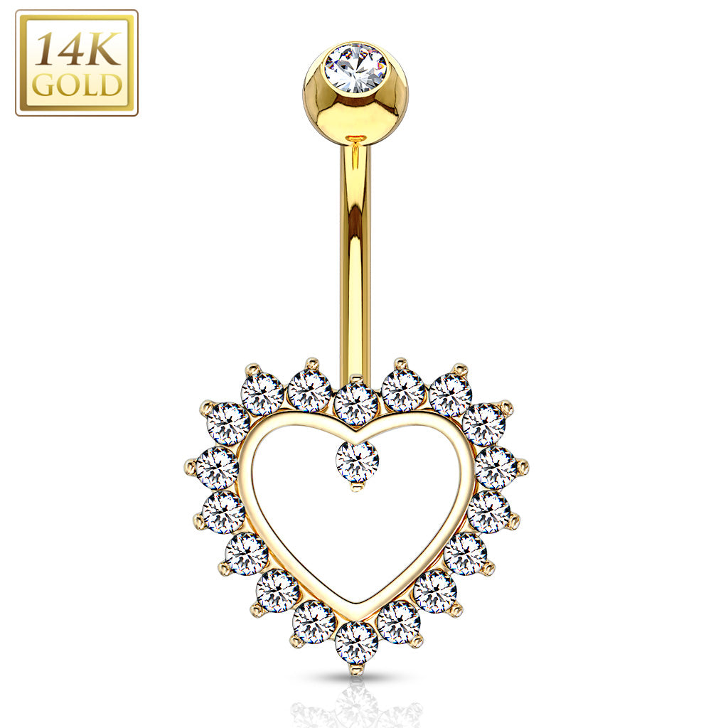 14K Gold Heart Gem Paved Navel Belly Button Ring